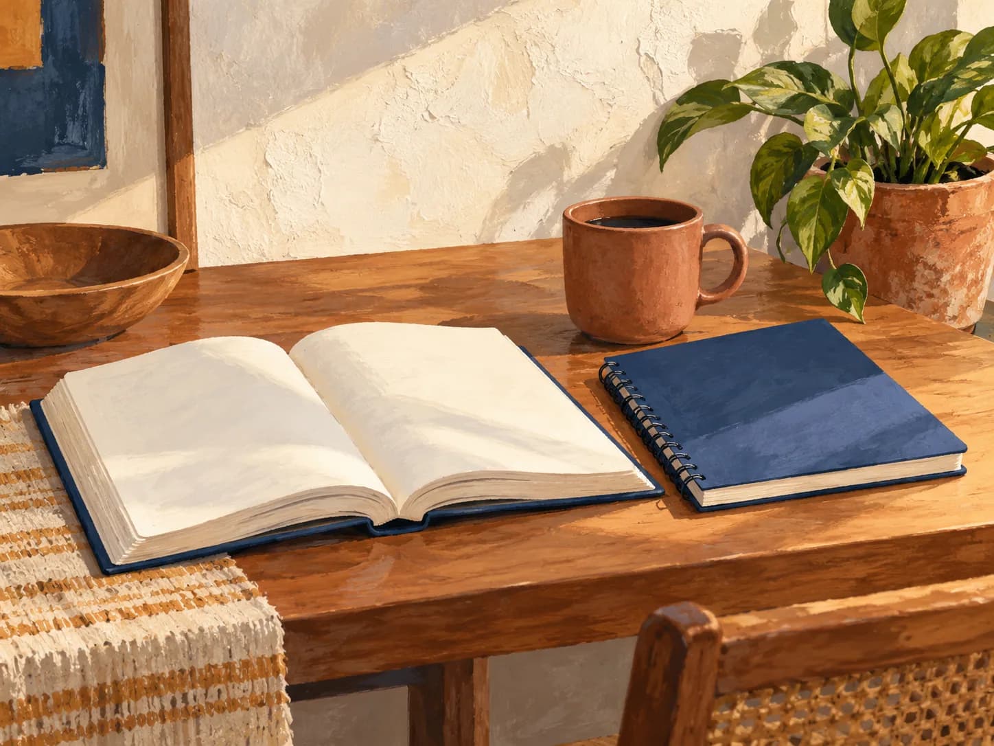 An open book and a notebook on a wooden table with a cup and a plant