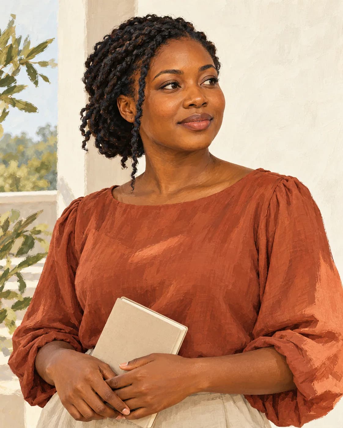 A woman in a rust blouse holding a notebook